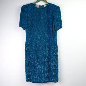 Vintage Stenay 100% Silk Aqua Full Sequin Dress 10